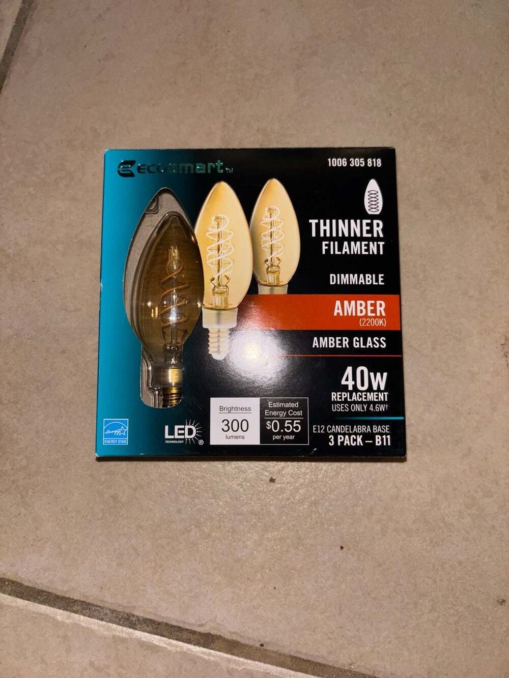 EcoSmart 40W Equivalent Amber Glass B11 LED Candelabra Light Bulbs, 3-Pack
